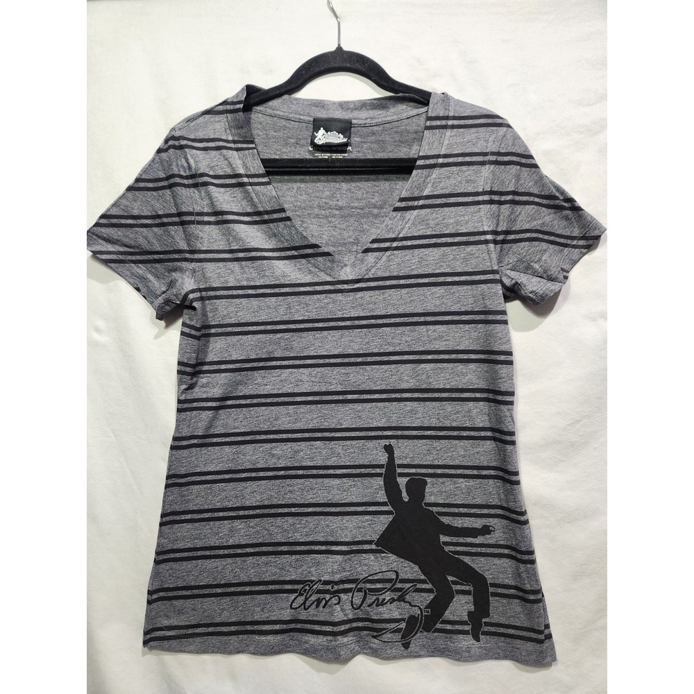 Graceland Elvis Presley Tee‎ Striped Gray V-neck Long Length XL King of Rock